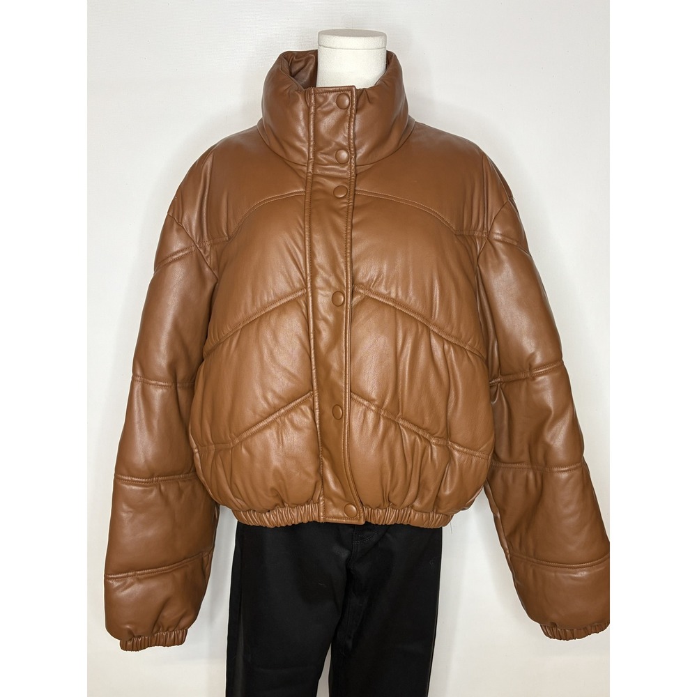 Zara Brown Faux Leather Puffer Jacket L Cropped High Collar Western Yoke funnel